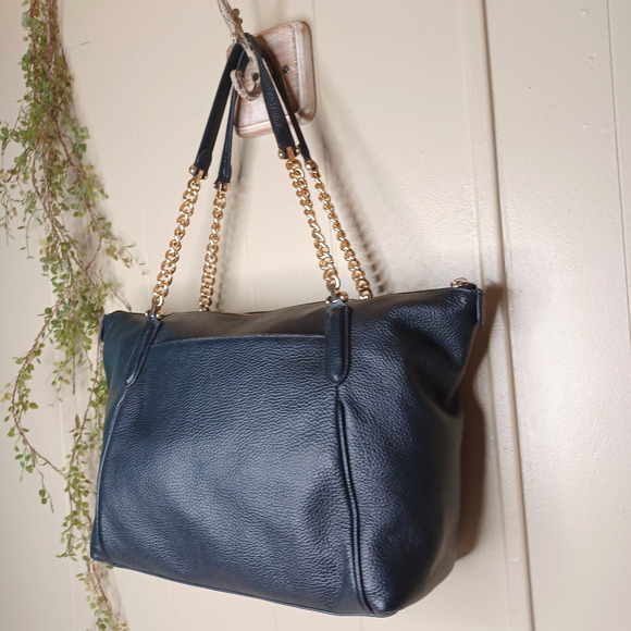 Coach Ava Chain Tote Black Pebbled Leather Large Purse Gold - Picture 2 of 12